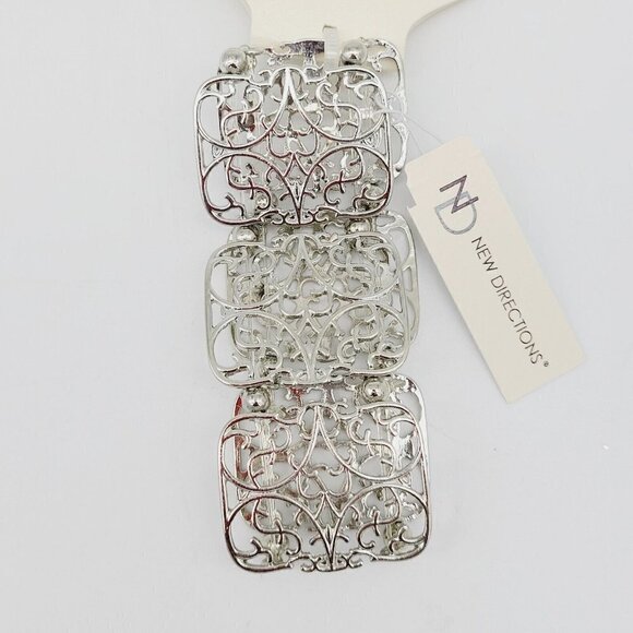 New Directions Stretch Metal Open Work Panel Bracelet SIlver Tone New On Card - Picture 5 of 8